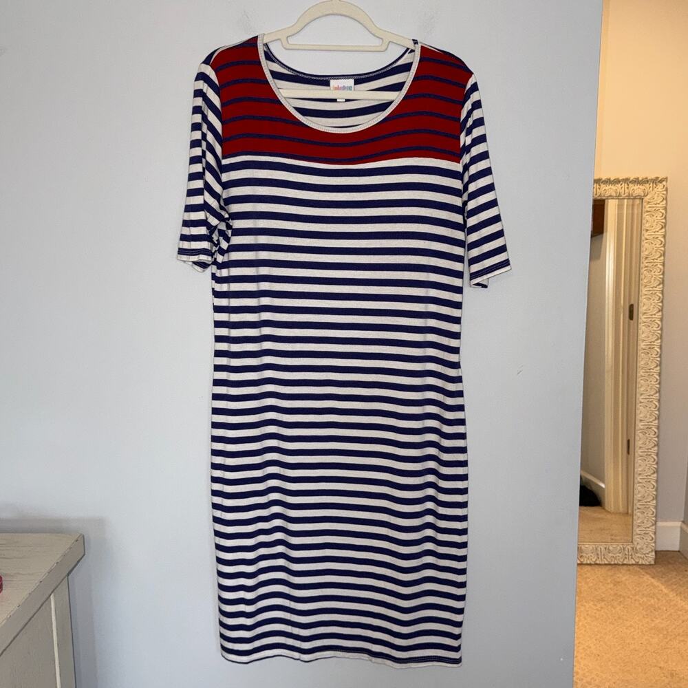 LuLaRoe Womens Julia Dress Size XL Blue Red Stripe Stretch Casual Bodycon